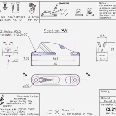 Desenho técnico de peça CL211 Mk1 em alumínio com medidas e instruções de montagem