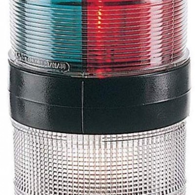 Lanterna náutica com vidro vermelho, azul e branco e corpo preto e cinzento.