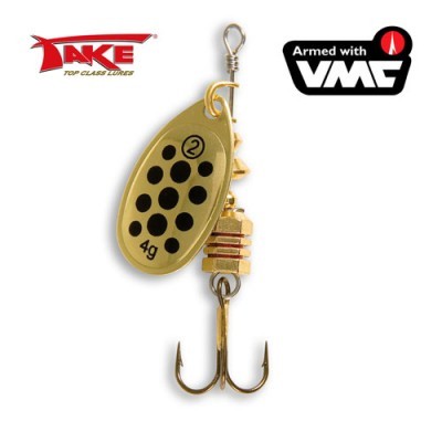 Isca de pesca metálica dourada com pontos pretos e anzol triplo