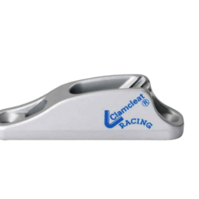Cliquete branco para barcos com texto azul Clamcleat Racing