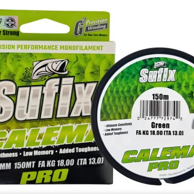 Embalagem e carretel de linha de pesca monofilamento verde Sufix Calema Pro