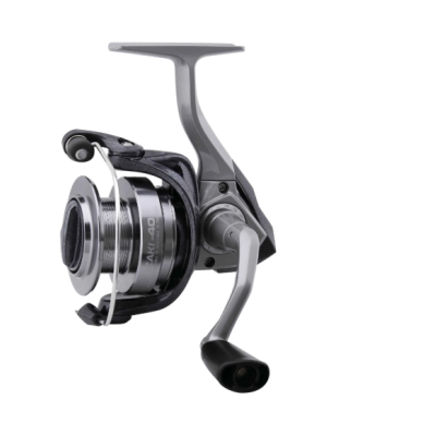 Carretel de pesca cinza e preto com manivela lateral