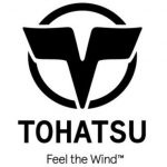 Logótipo preto da marca TOHATSU com o lema Feel the Wind™ em fundo branco