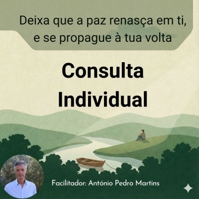 Imagem com texto sobre consulta individual e paisagem verde com rio, barco e figura humana sentada.