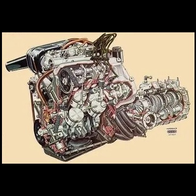 Motor mecânico detalhado com tubagens laranjas e componentes metálicos