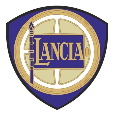 Emblema Lancia azul e dourado com texto LANCIA