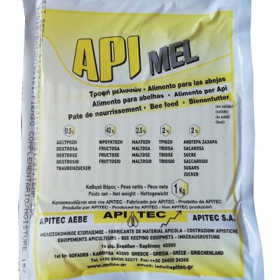 Pacote de alimentação para abelhas API MEL com texto em várias línguas e design branco e amarelo