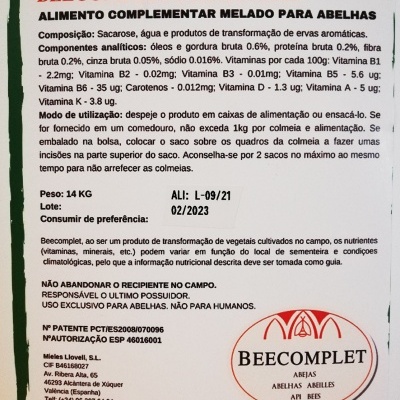 Etiqueta de alimento melado para abelhas BEECOMPLET PRIMAVERA com texto detalhado