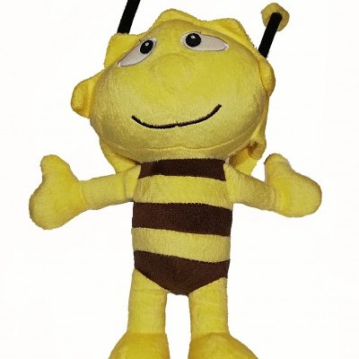 Pelúcia amarela e castanha de abelha com antenas pretas e amarelas