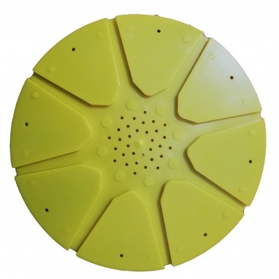 Divisória redonda amarela em plástico com oito segmentos e furos.