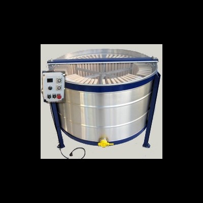 Máquina industrial redonda metálica com painel de controlo branco e estrutura azul