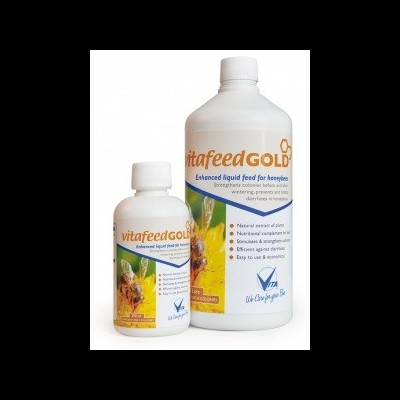 Duas embalagens do produto líquido para abelhas vitafeedGOLD com rótulos amarelos e azuis sobre fundo branco