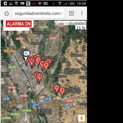 Mapa do Google de León com marcadores vermelhos e texto de alarme