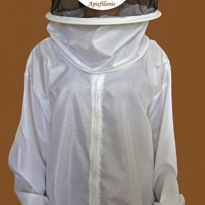 Casaco branco de apicultor com véu em malha preta e chapéu com logótipo