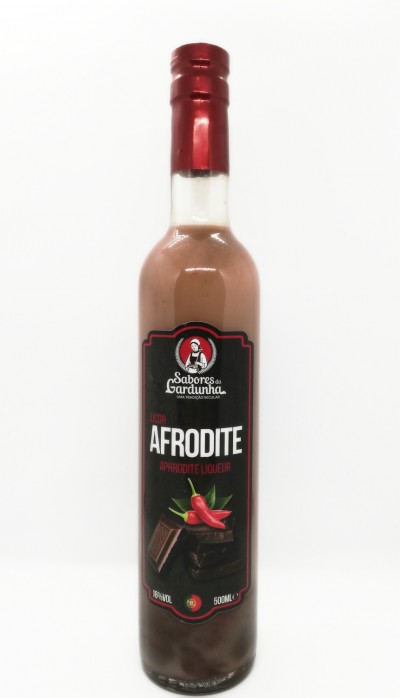 Garrafa de licor creme Afrodite com rótulo preto e tampa vermelha