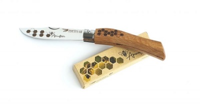 Faca de lâmina de aço inox e cabo de madeira com padrão de colmeia e caixa correspondente