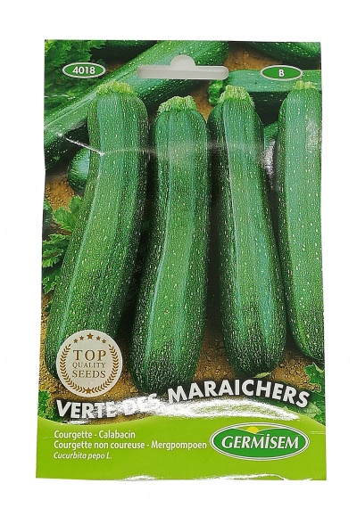 Pacote de sementes de courgette Germisem com imagens de courgettes verdes.