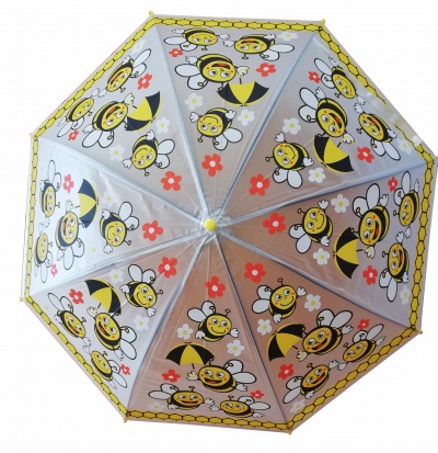 Guarda-chuva infantil decorado com abelhas, flores e padrão de colmeia na borda