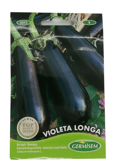 Pacote de sementes de beringela violeta longa com imagem do vegetal e texto da marca Germisem