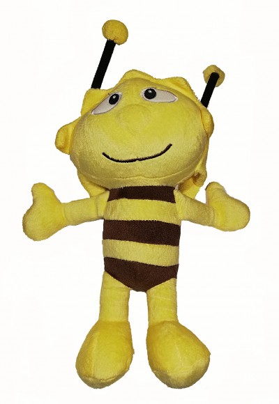 Pelúcia amarela e castanha de abelha com antenas pretas e amarelas