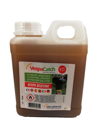 Recipiente plástico castanho com rótulo VespaCatch e texto informativo