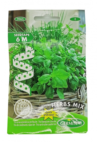 Trio de Sementes Aromáticas em tira (Majericão; Cebolinho, Salsa)  tira de 6 metros