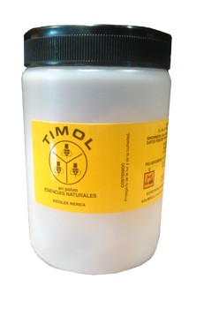 Frasco branco com tampa preta e etiqueta amarela do produto Timol em pó.