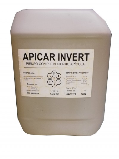 Recipiente cinza translúcido com rótulo de alimento apícola