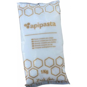 Embalagem plástica branca com padrão hexagonal dourado e texto apipasta