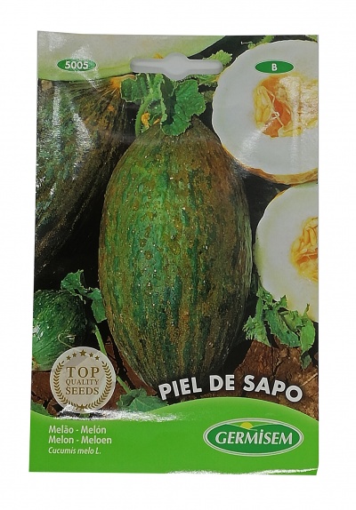 Pacote de sementes de melão Piel de Sapo com selo de qualidade e texto multilingue