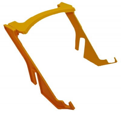 Peça plástica amarela angular sobre fundo branco