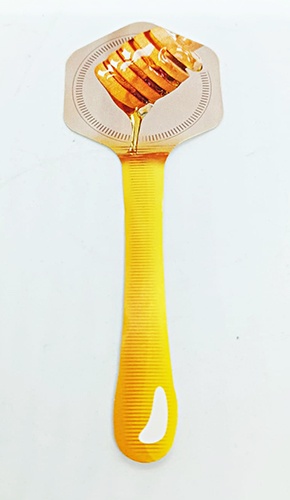 Colher de plástico amarelo com imagem de favo de mel no cabeçote