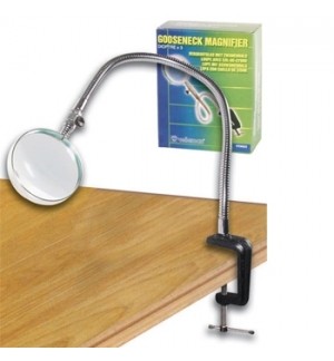 Lupa com braço flexível e base de fixar em mesa junto com embalagem de produto