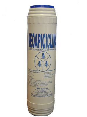 Filtro de água cilíndrico branco com tampa azul e texto azul.