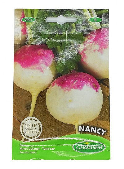 Saco de sementes com imagem de nabos rosa e branco e texto de marca GERMISEM