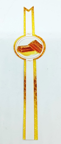 Etiqueta branca com bordas douradas e imagem de waffles.