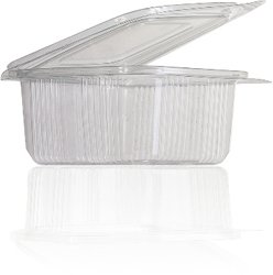 Recipiente plástico transparente com tampa articulada e textura canelada