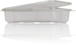 Embalagem plástica transparente retangular com tampa articulada ligeiramente aberta.