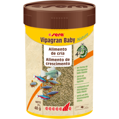 Alimento para peixes sera Vipagran Baby Nature, embalagem amarela e bege com tampa castanha, peixes coloridos e texto informativo.