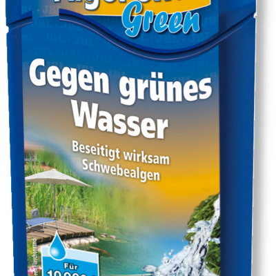 Frasco azul do produto JBL AlgoPond Green contra água verde com texto e imagem de lago