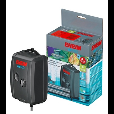Compressor de ar Eheim air400 preto com caixa ao lado com imagens de aquário