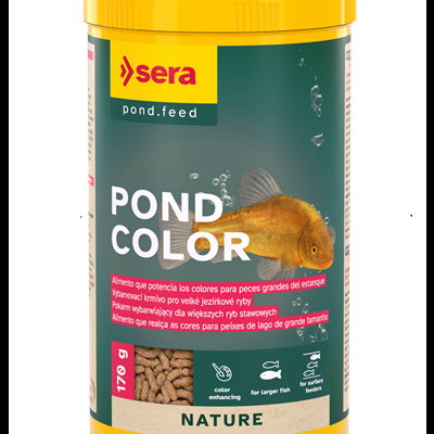 Embalagem amarela de alimento para peixes Sera Pond Color com rótulo verde e imagem de peixe dourado