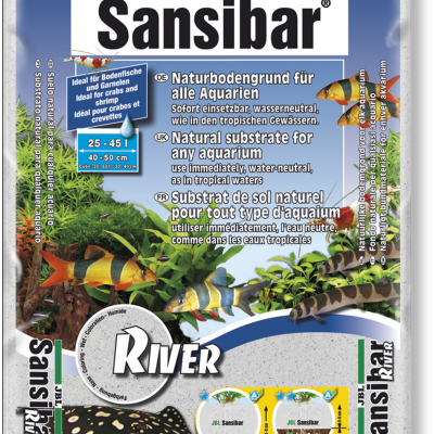 Embalagem de substrato natural para aquários JBL Sansibar River 10 kg com imagens de peixes e plantas aquáticas