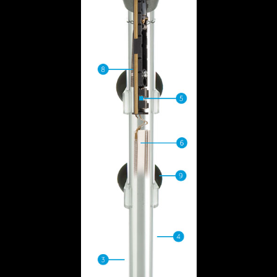 Termostato submersível com componentes internos visíveis e partes numeradas.