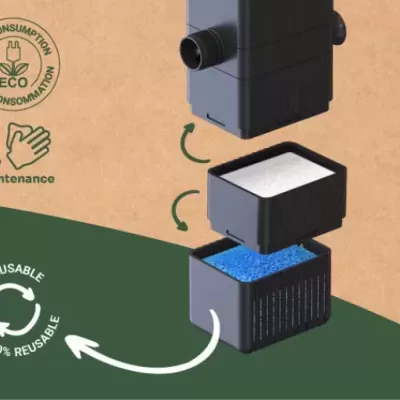 Peça preta com filtro branco e esponja azul com textos ECO, LOW CONSUMPTION, Easy Maintenance, 100% REUSABLE