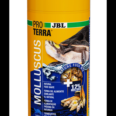 Frasco amarelo de alimento para tartarugas JBL Pro Terra Molluscus com imagem de tartaruga e texturas naturais.