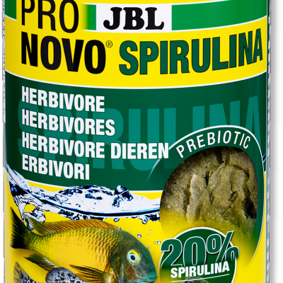 Embalagem amarela de alimento para peixes JBL ProNovo Spirulina com texto e imagens de peixes