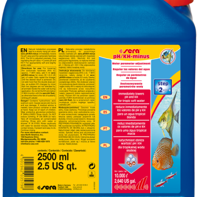 Recipiente azul com tampa vermelha e rótulo colorido do produto Sera pH/KH-minus