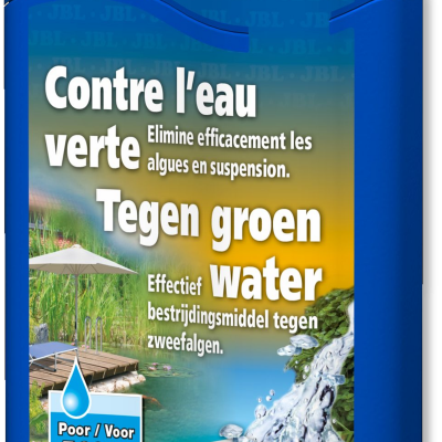 Embalagem azul do produto JBL AlgoPond Green com imagens naturais e texto bilíngue.