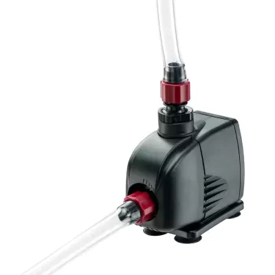 Bomba de água preta com conectores vermelhos e tubos transparentes